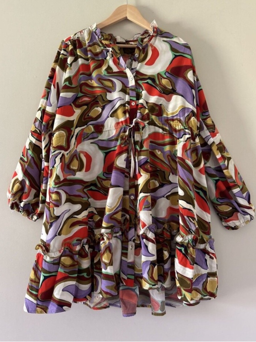 New Jodifl Oversized Small Babydoll Dress Balloon Sleeves Colorful Tie Waist